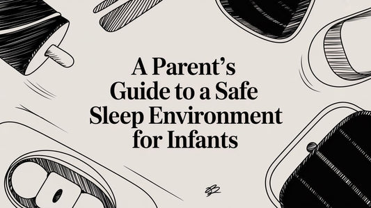 Black and white text illustration titled 'A Parent's Guide to a Safe Sleep Environment for Infants' with simple baby-related graphic elements