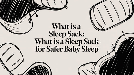 Text on beige with black sketch baby sleep sacks illustrating safer baby sleep guidelines