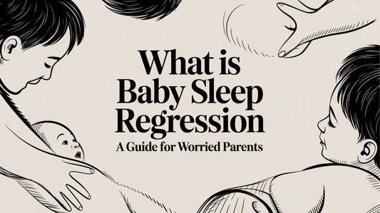 Black and white illustration of a parent holding a baby with text about baby sleep regression guide