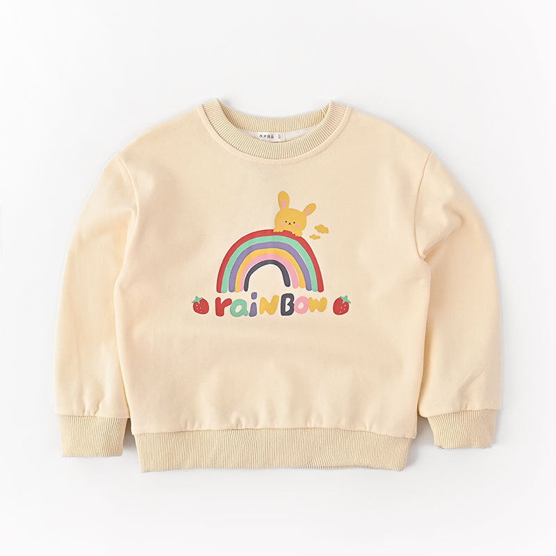 Beige children's sweatshirt with colorful rainbow, yellow bunny, and strawberries graphic design