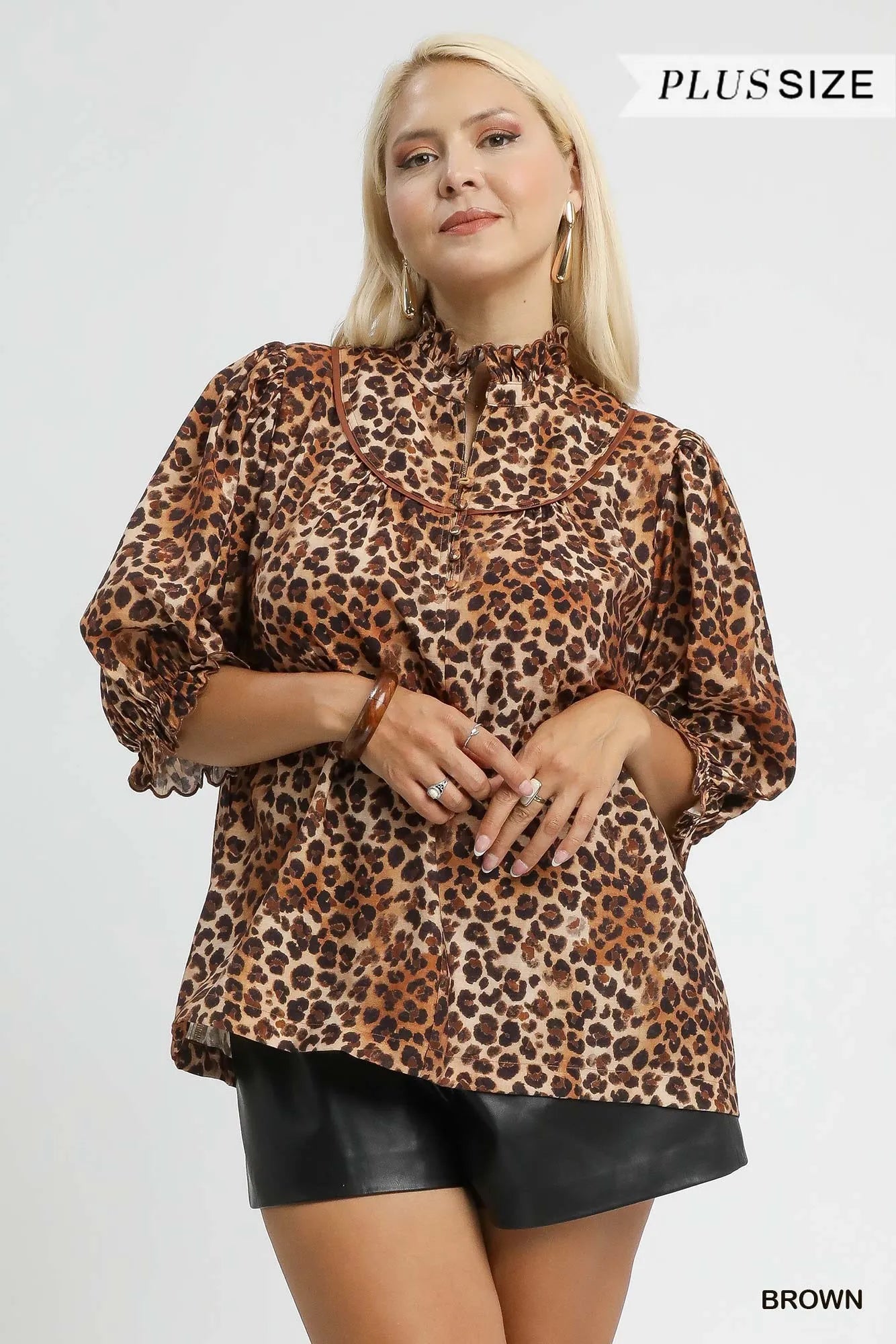 Adrianna Full Size Leopard Print Ruffle Neck Tops Plus Size