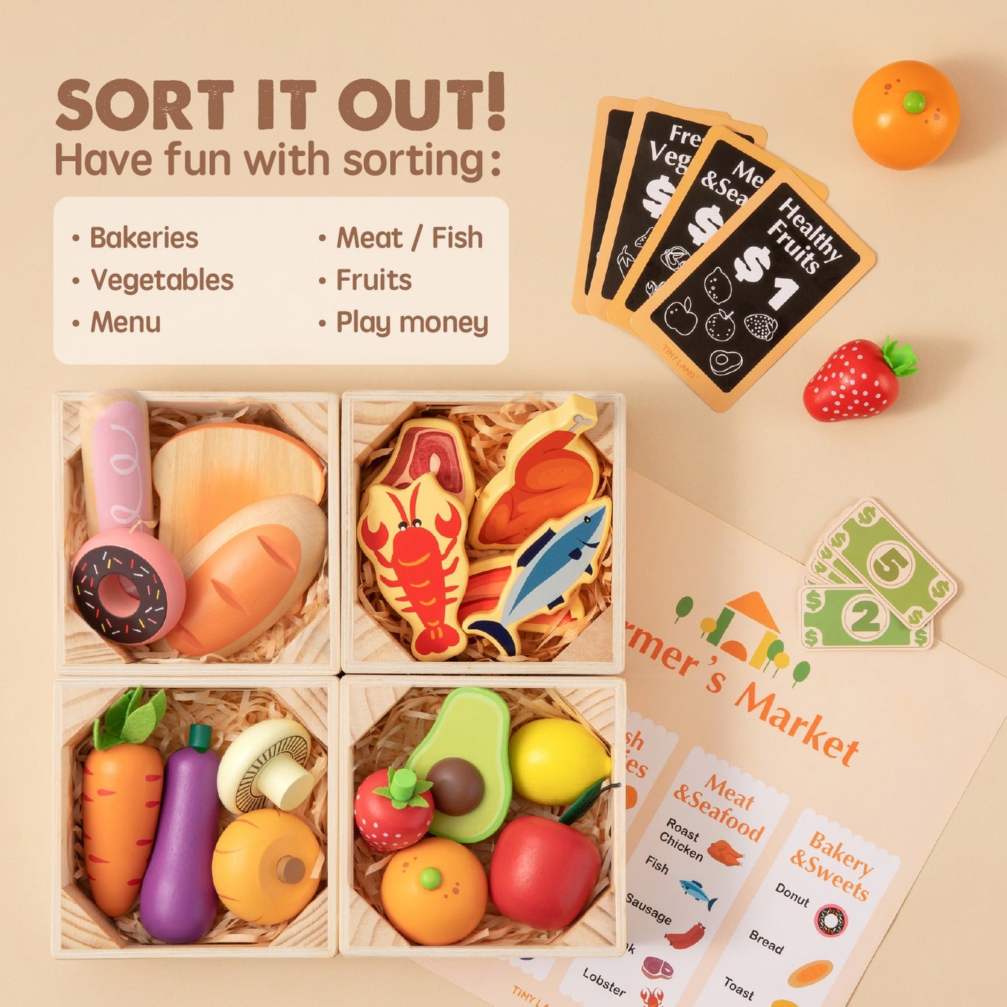 Play Kitchen Accessories – Wooden Play Food for Play Kitchen: Pretend Cooking Set for Kids