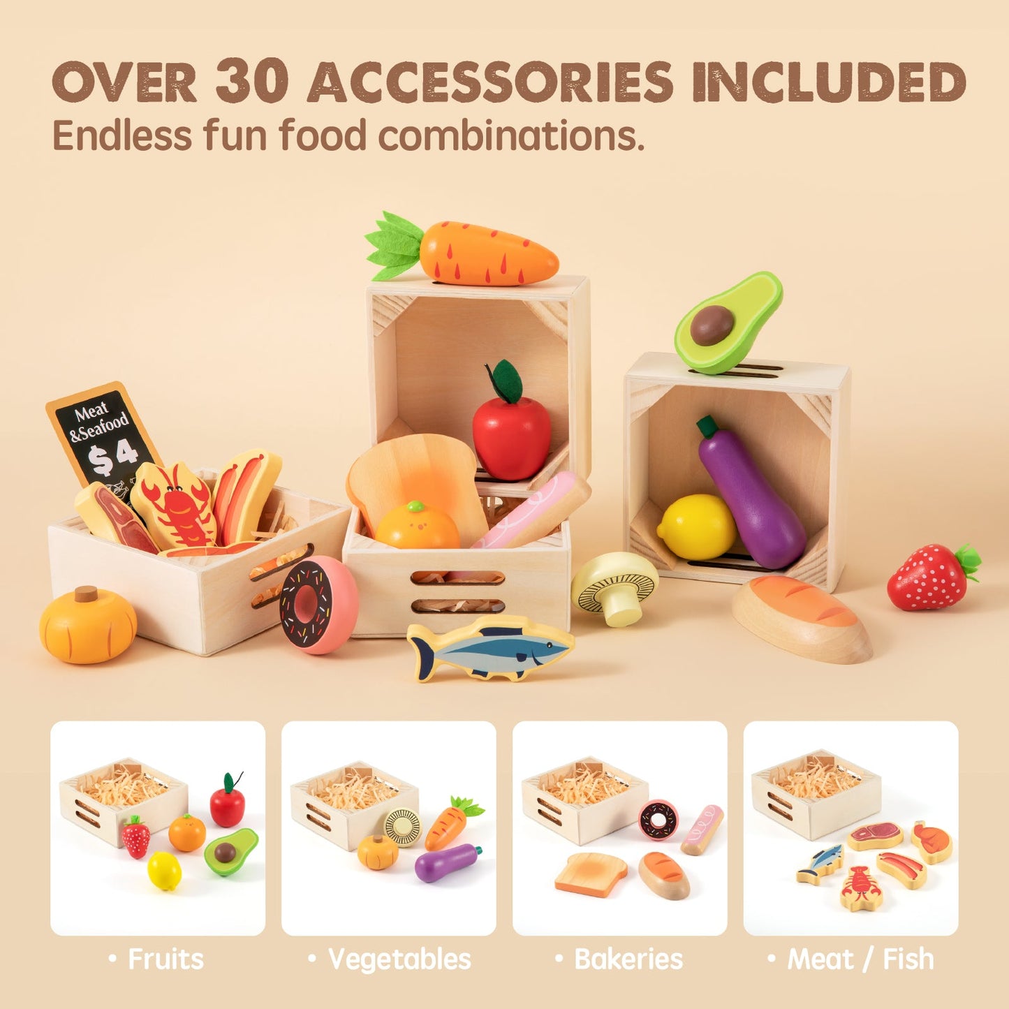 Play Kitchen Accessories – Wooden Play Food for Play Kitchen: Pretend Cooking Set for Kids