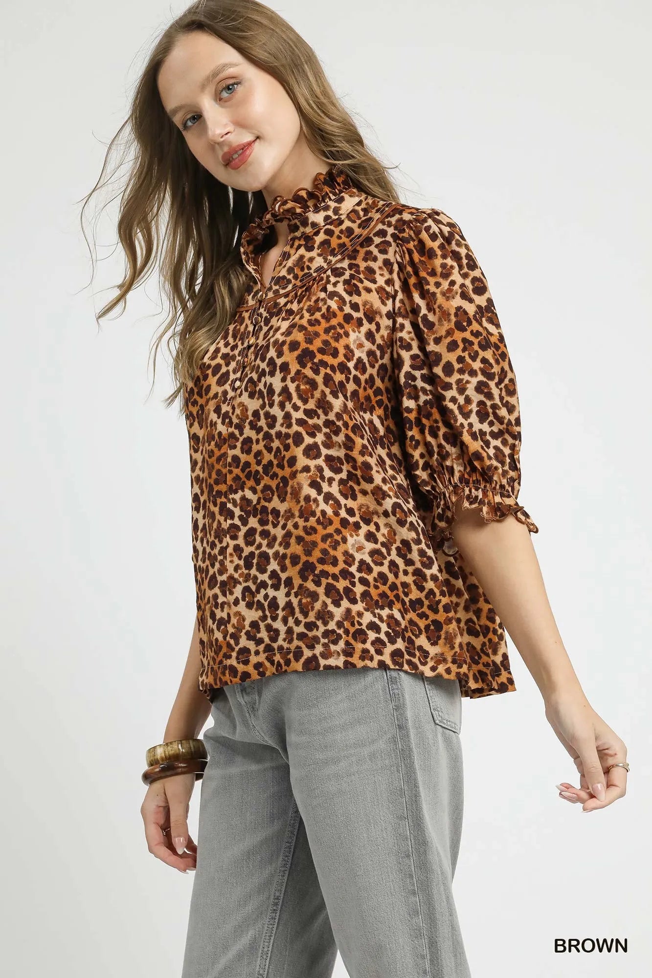 Adrianna Full Size Leopard Print Ruffle Neck Tops Plus Size