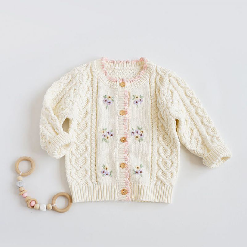 Nora Single Girls Hand-embroidered Flower Cardigan Baby Cotton Thread