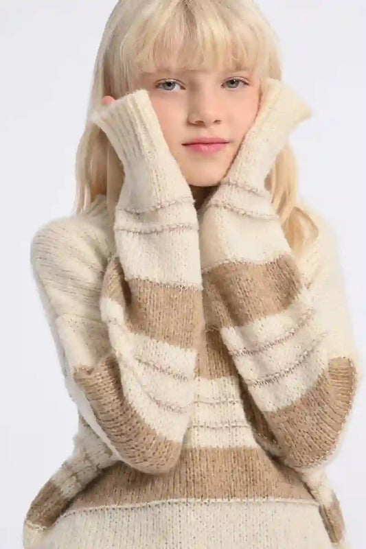 Creilinia Off White Beige Striped Knitted Sweater