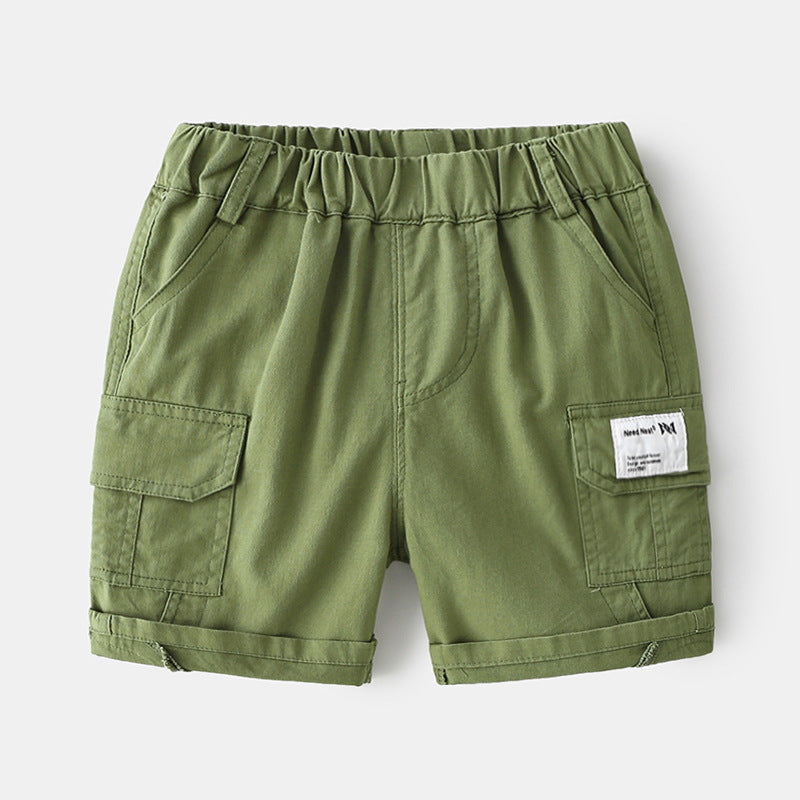 Olive green toddler cargo shorts with elastic waistband and side pockets on white background