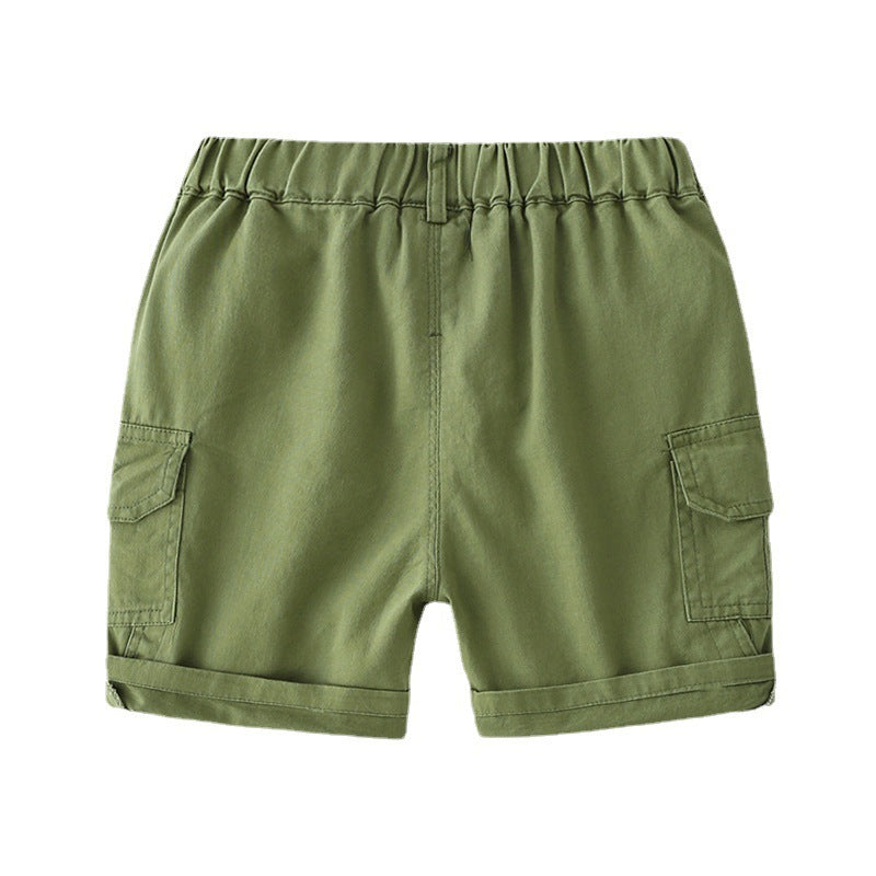 Olive green kids cargo shorts with elastic waistband and side flap pockets