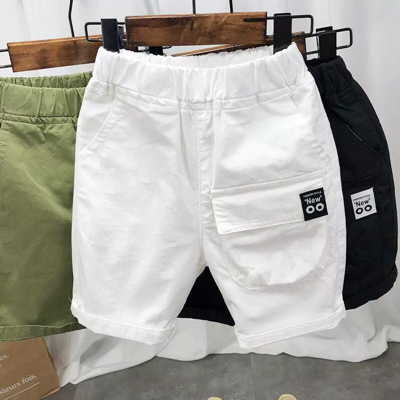 Elastic waist casual shorts in white, black, and olive green with pocket and label detail