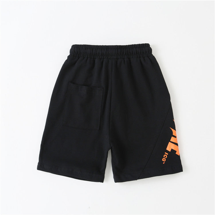 Black casual shorts with elastic waistband, back pocket, and orange text detail on side