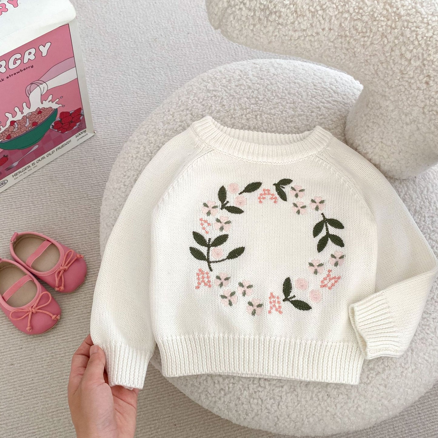 Nora Girl's Knitted Shirt Flower Embroidered Pullover Top