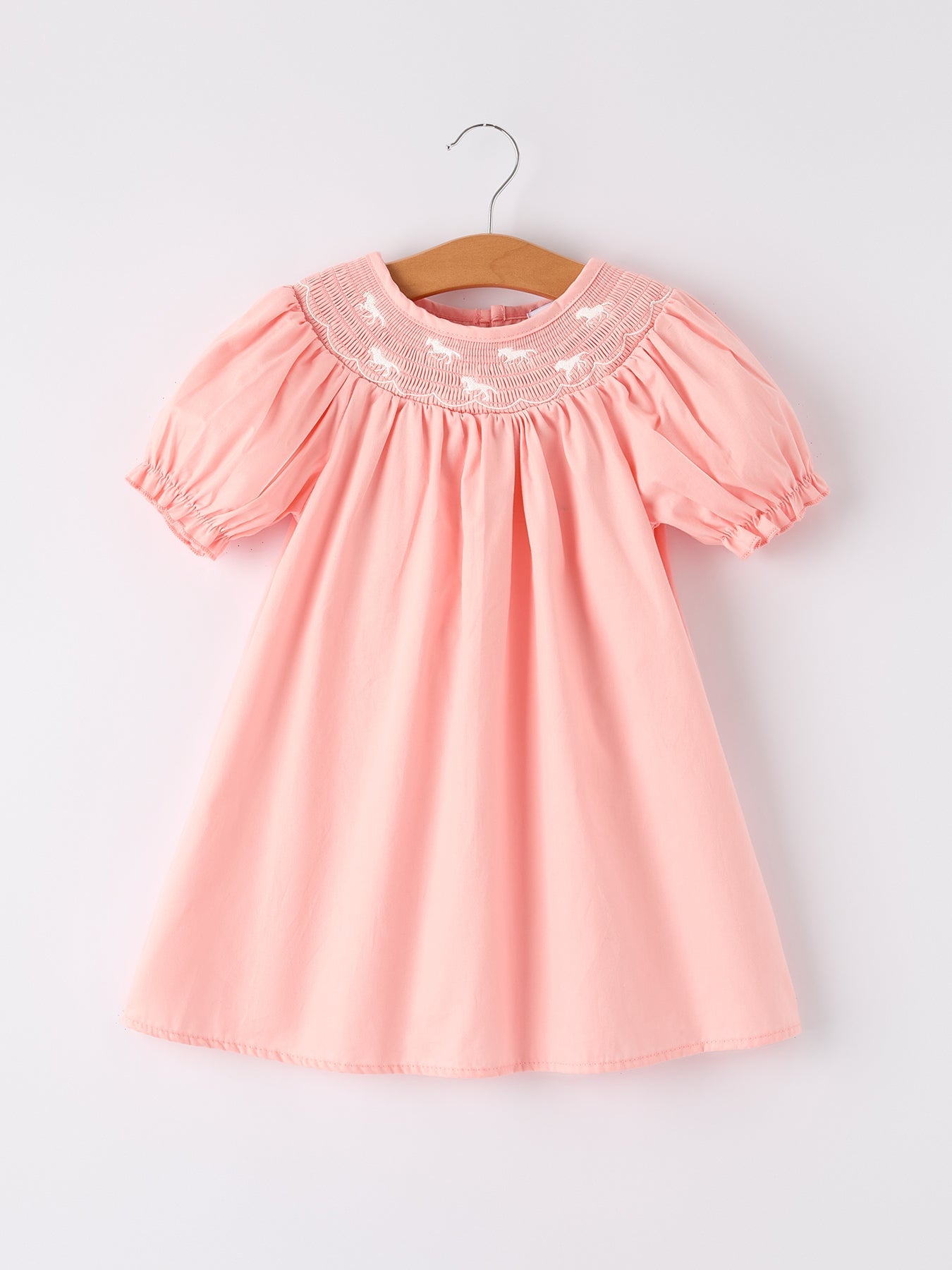 Samara Girls Horse Smocking Embroidered Coral Dress