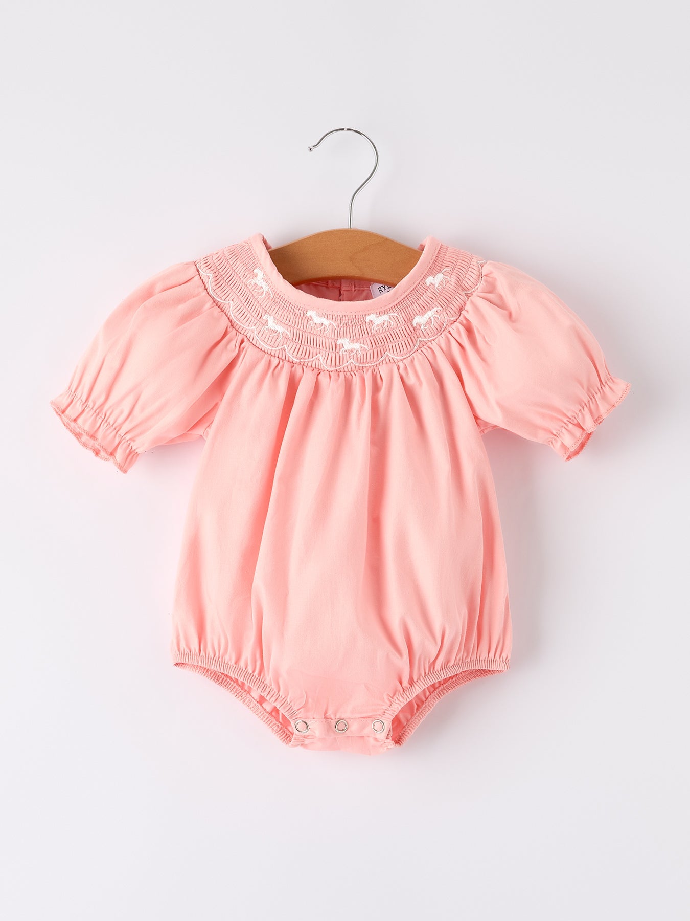 Dina Girls Horse Smocking Embroidered Coral Romper