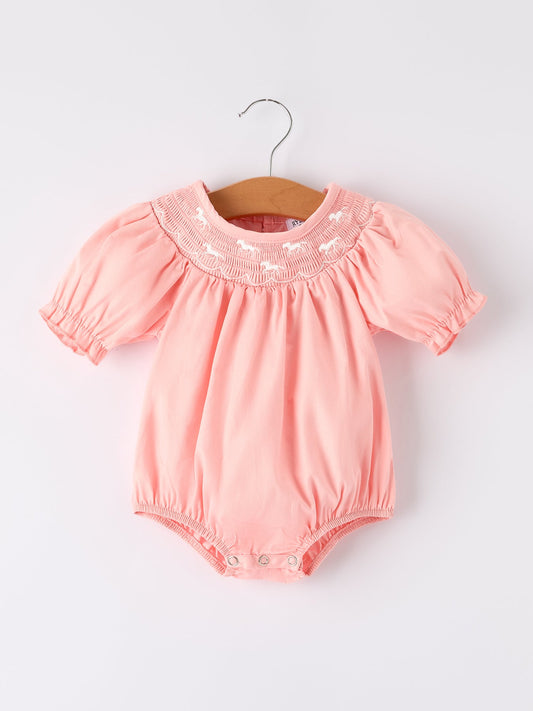 Dina Girls Horse Smocking Embroidered Coral Romper