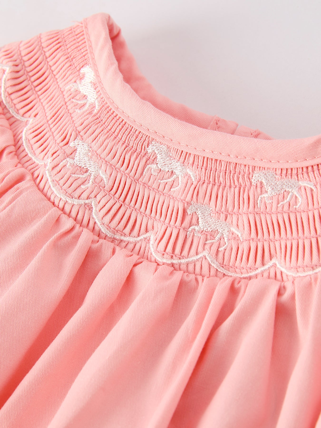 Dina Girls Horse Smocking Embroidered Coral Romper