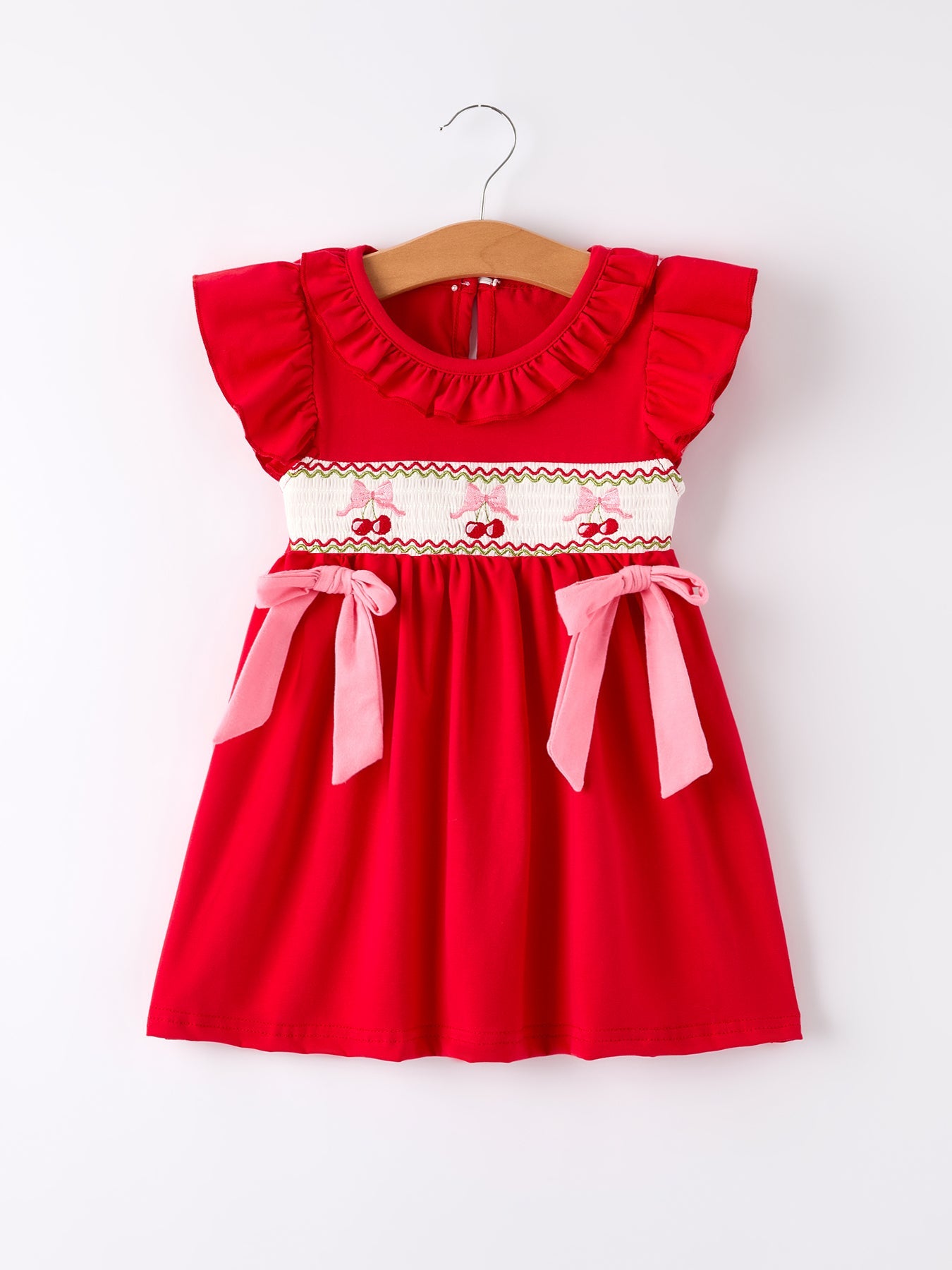 Merry Red Cherry Bow Smocking Embroidery Girls'  Dress