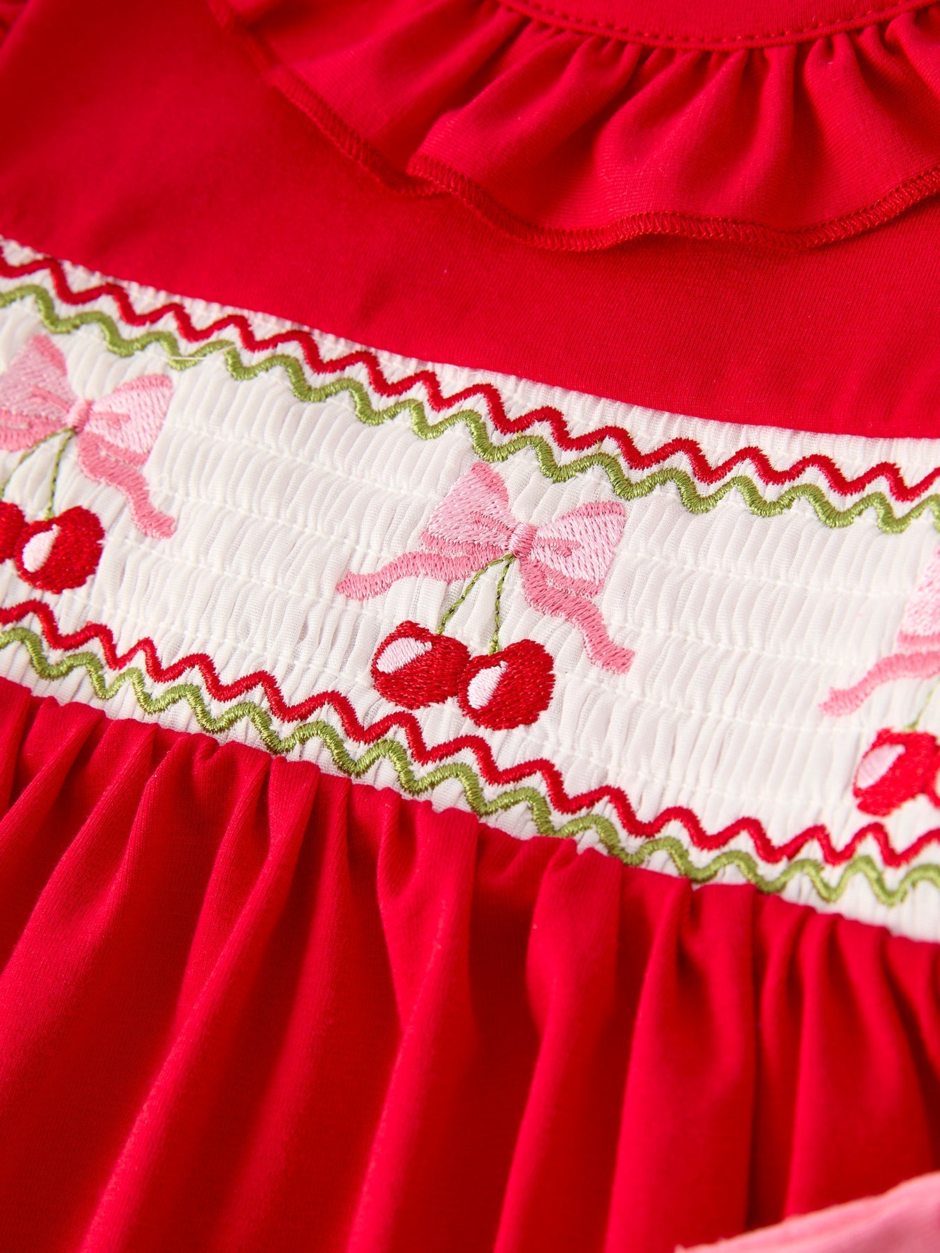 Merry Red Cherry Bow Smocking Embroidery Girls'  Dress