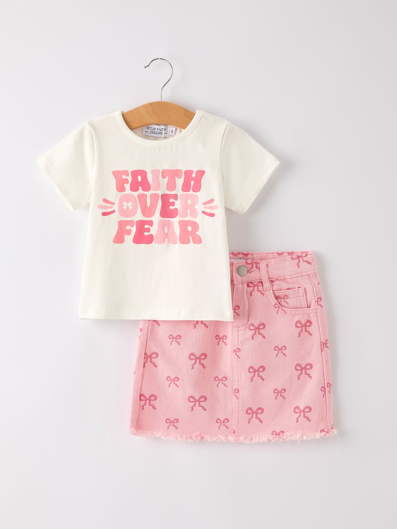 Girasoles Girls Set Letter T-shirt + Pink Bow Printed Denim Skirt