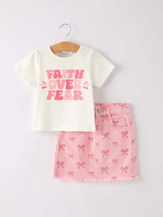 Girasoles Girls Set Letter T-shirt + Pink Bow Printed Denim Skirt