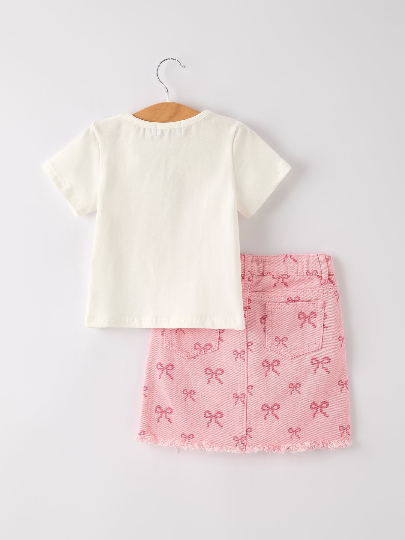 Girasoles Girls Set Letter T-shirt + Pink Bow Printed Denim Skirt