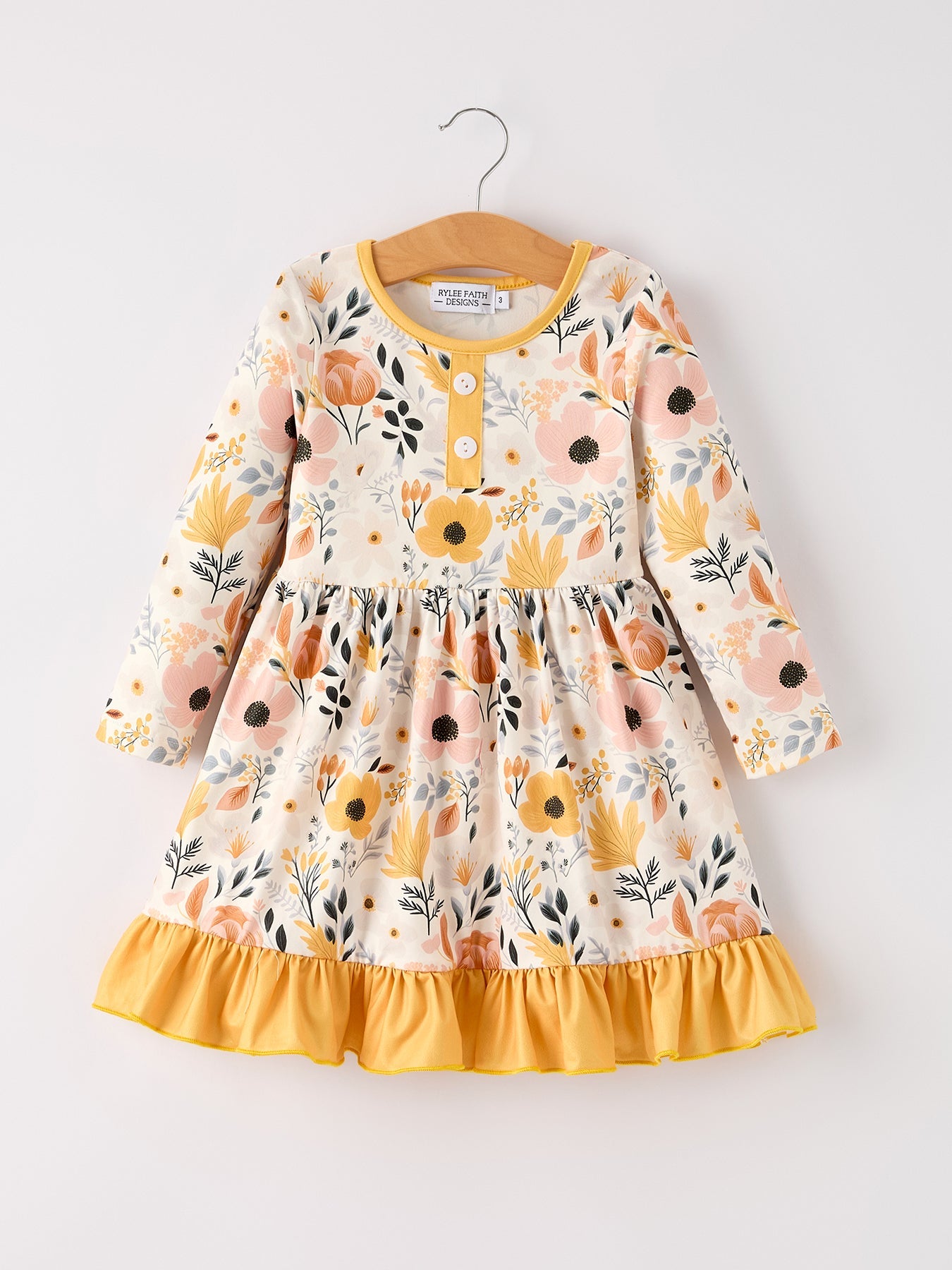 Hellen Winter Floral Long Sleeve Ruffled Girls Dress