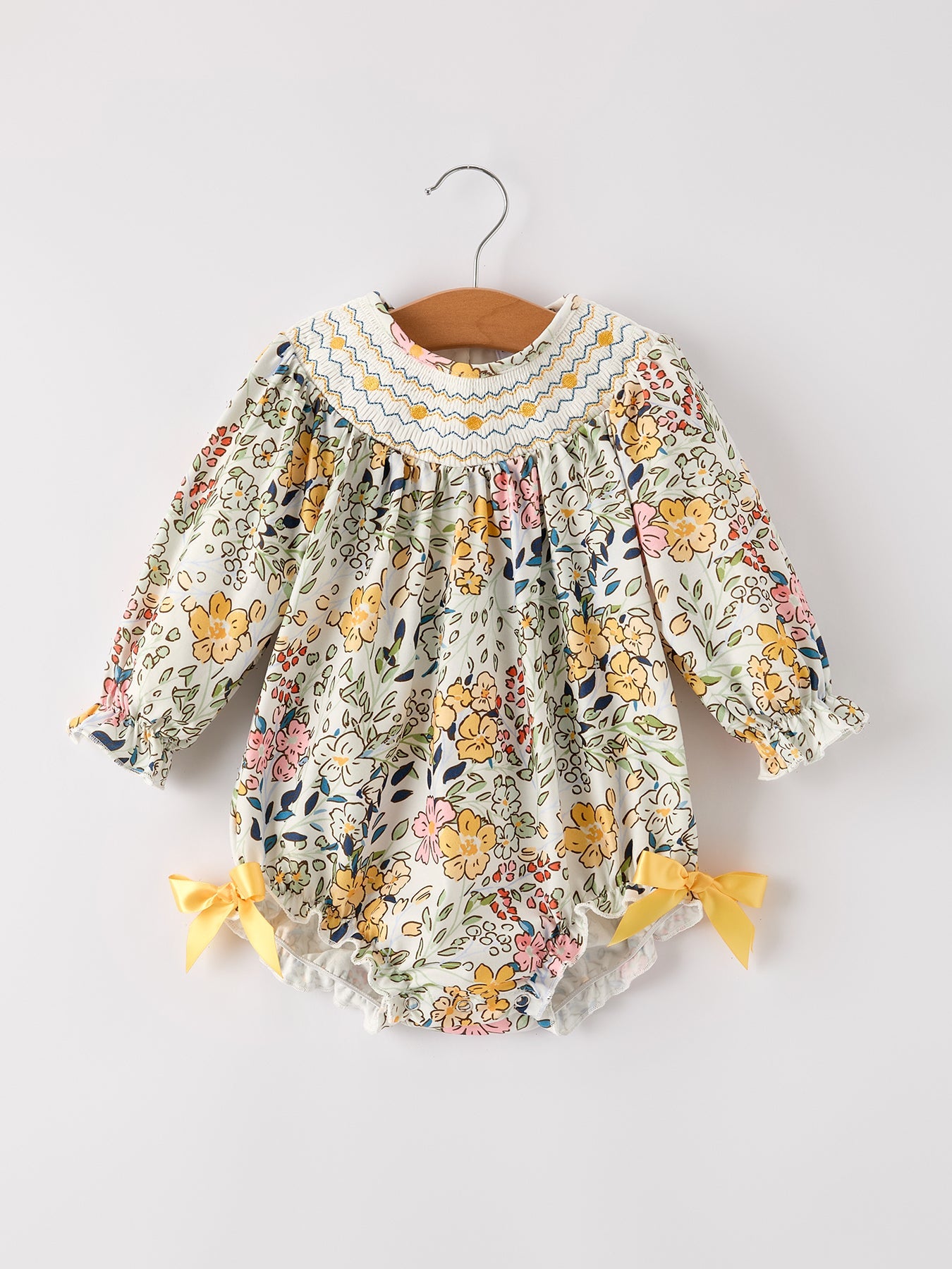 Grace Fall Embroidery Smocking Bow Floral Leaf Baby Girls Romper