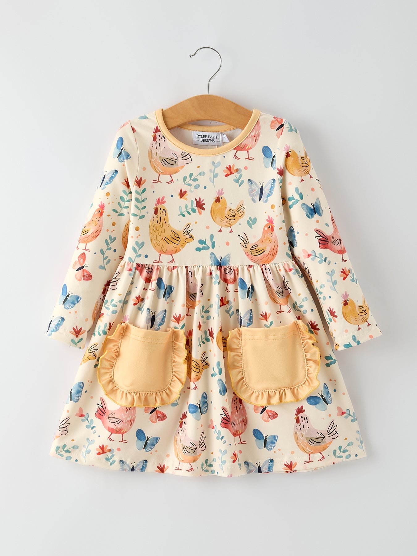 Alicia Charming Chicken & Butterfly Girls Dress with Cute Ruffled Pockets