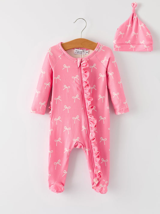 Carmen Bow Pink Romper with Hat: Sweet and Stylish Baby Outfit