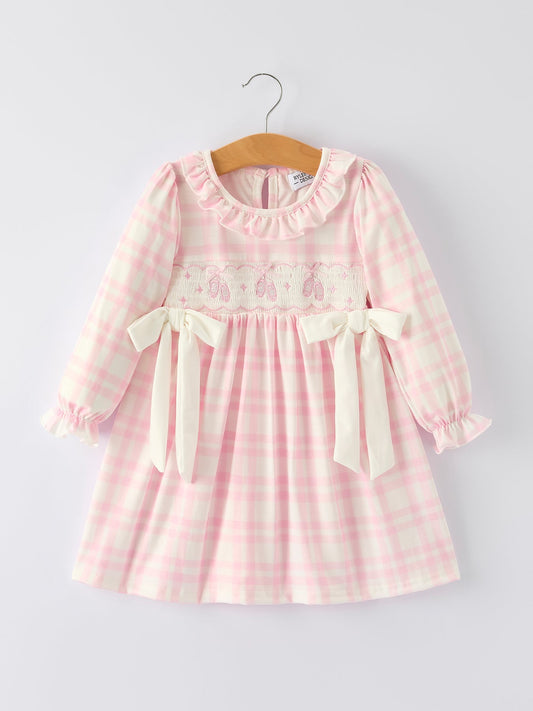 Nicelis Pink Plaid Ruffle Ballet Shoe Embroidery Long Sleeve Dress