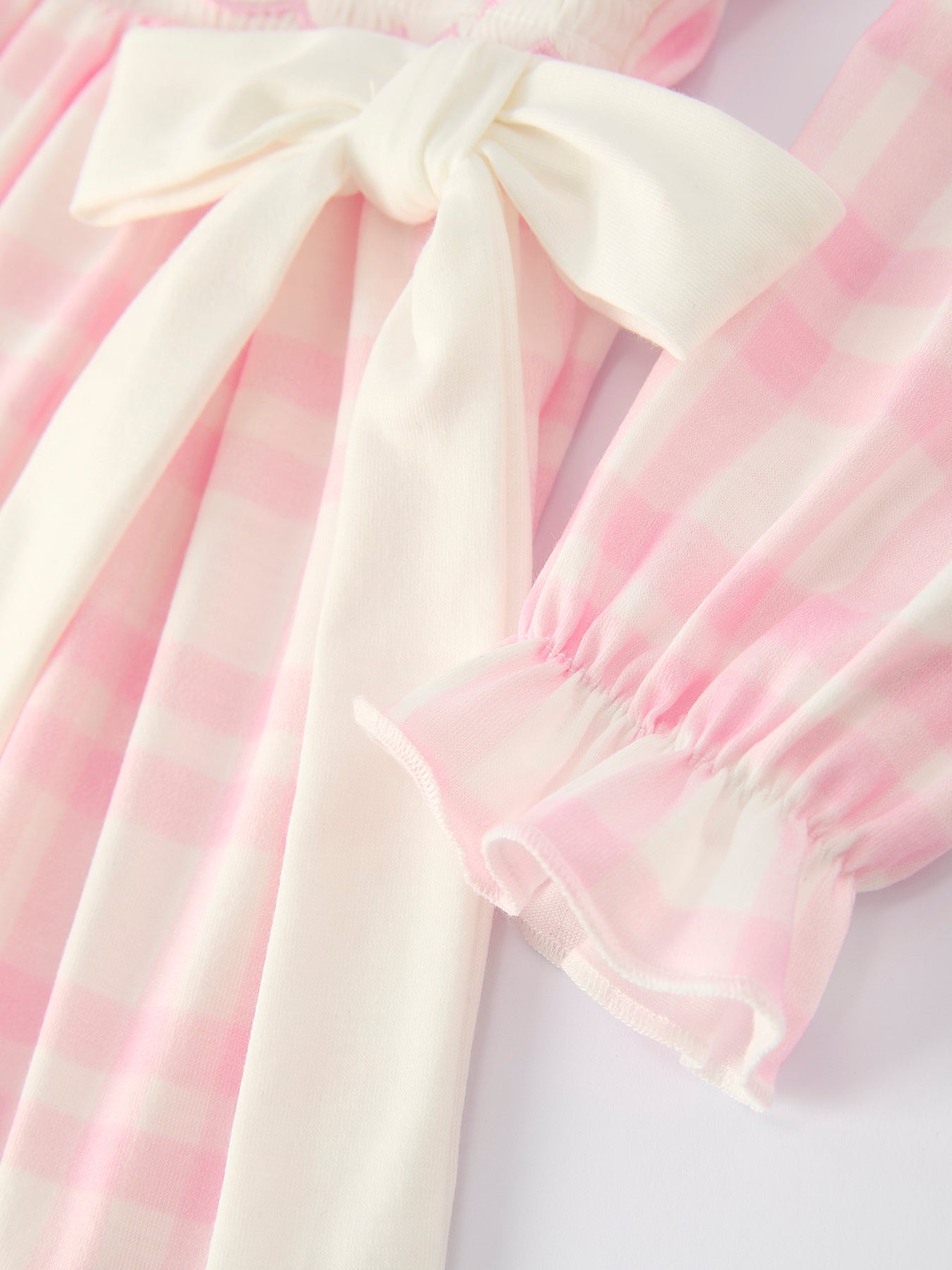 Nicelis Pink Plaid Ruffle Ballet Shoe Embroidery Long Sleeve Dress