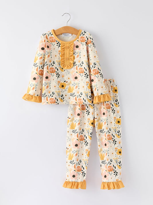 Servia Floral Print Girls Pajamas Set with Ruffle Details