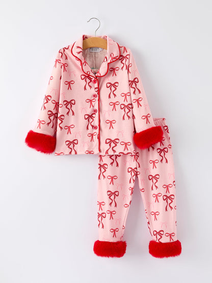 Samantha Bow Girls Pajama Set with Furry Trim