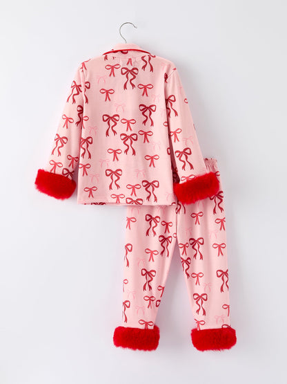 Samantha Bow Girls Pajama Set with Furry Trim