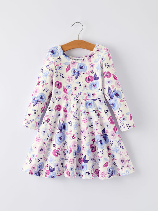Indira Purple Floral Baby Girl Dress with Long Sleeves