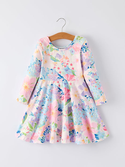 Yakaira Floral Print Girl Dress with Long Sleeves