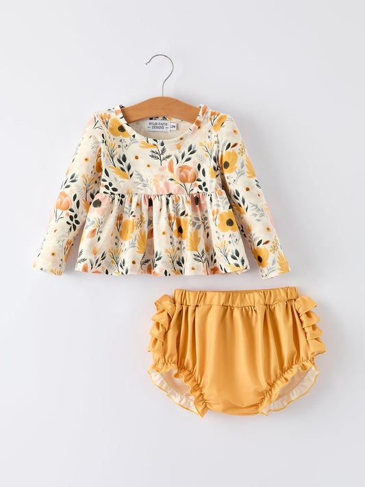 Rosmery Floral Print Baby Girls Long Sleeve Top with Ruffle Bloomers Set
