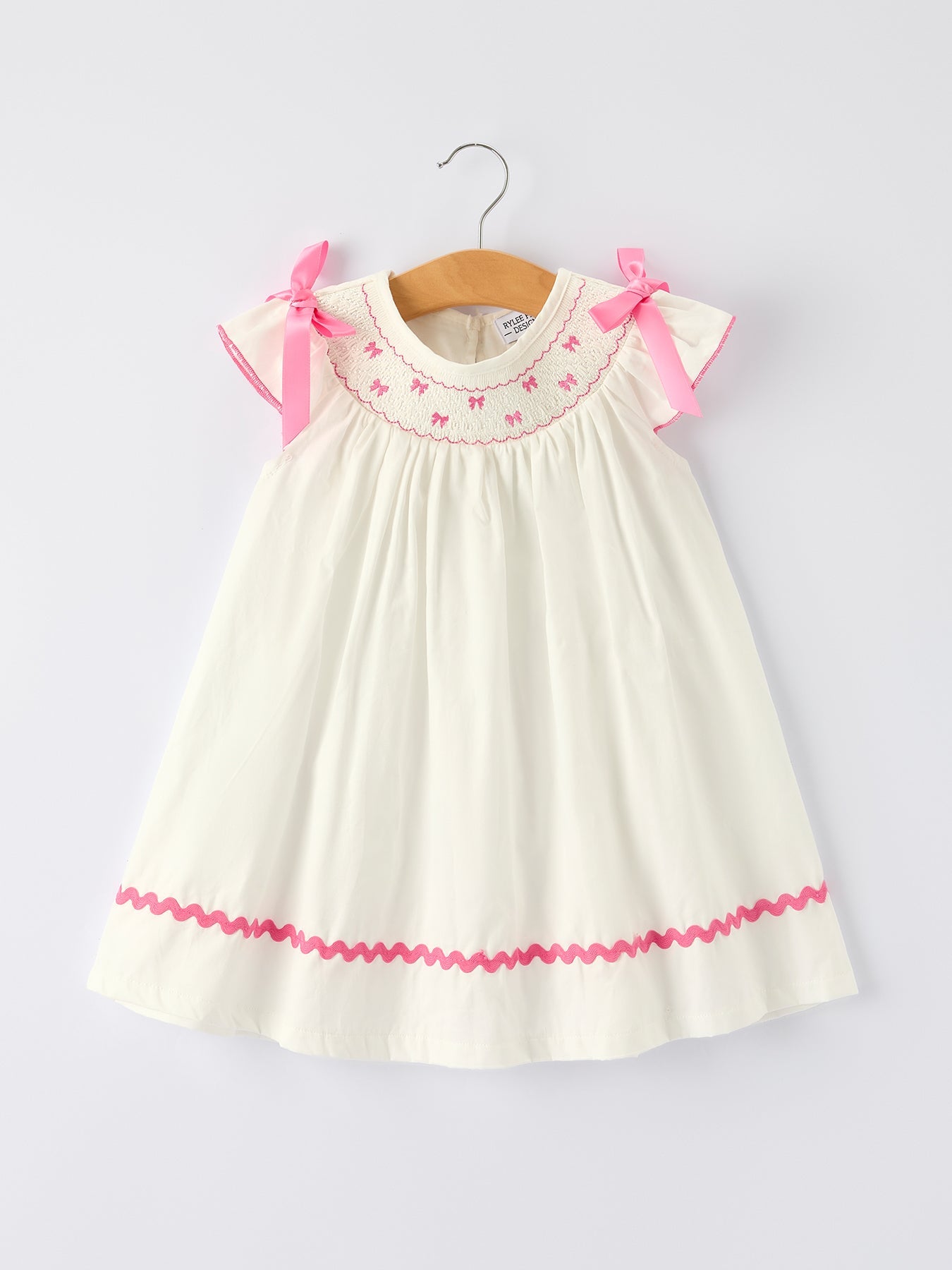 Saheline Fall White Girls Dress with Pink Bow Embroidery