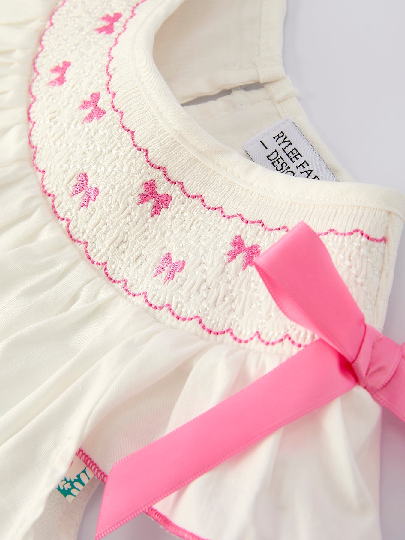 Saheline Fall White Girls Dress with Pink Bow Embroidery