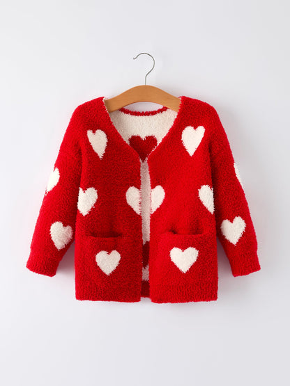 Millie Girls Red Heart Pattern Fuzzy Knit Cardigan with Front Pockets
