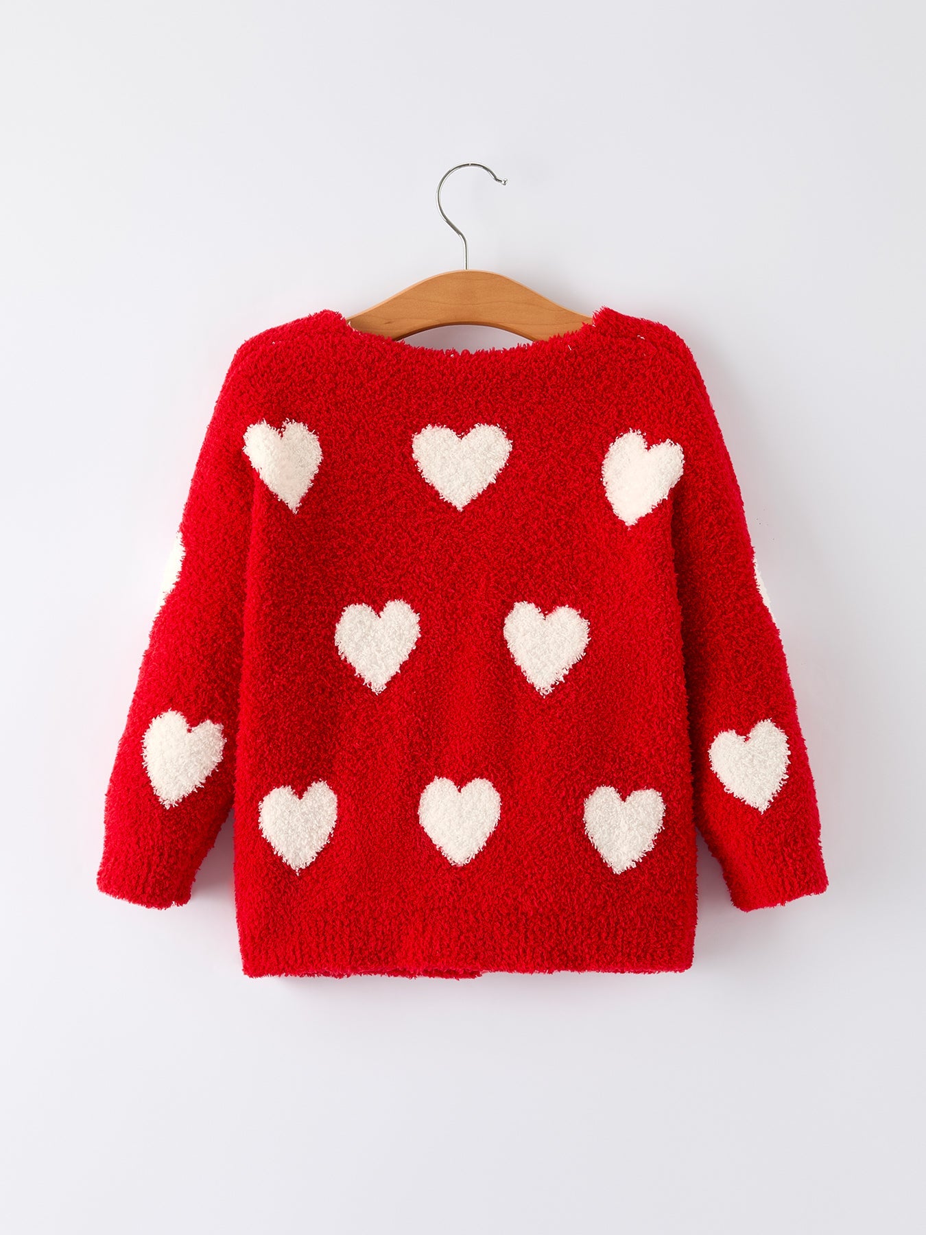 Millie Girls Red Heart Pattern Fuzzy Knit Cardigan with Front Pockets