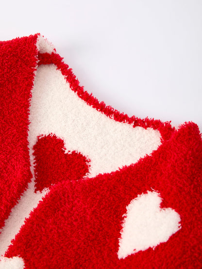 Millie Girls Red Heart Pattern Fuzzy Knit Cardigan with Front Pockets