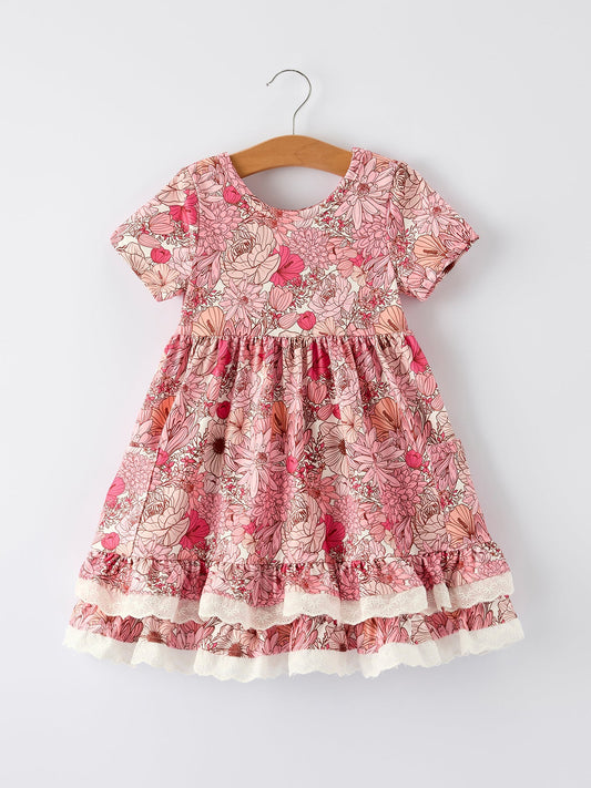 Sira Sweet Floral Pattern Dress with Pockets and Ruffle Hem for Girls