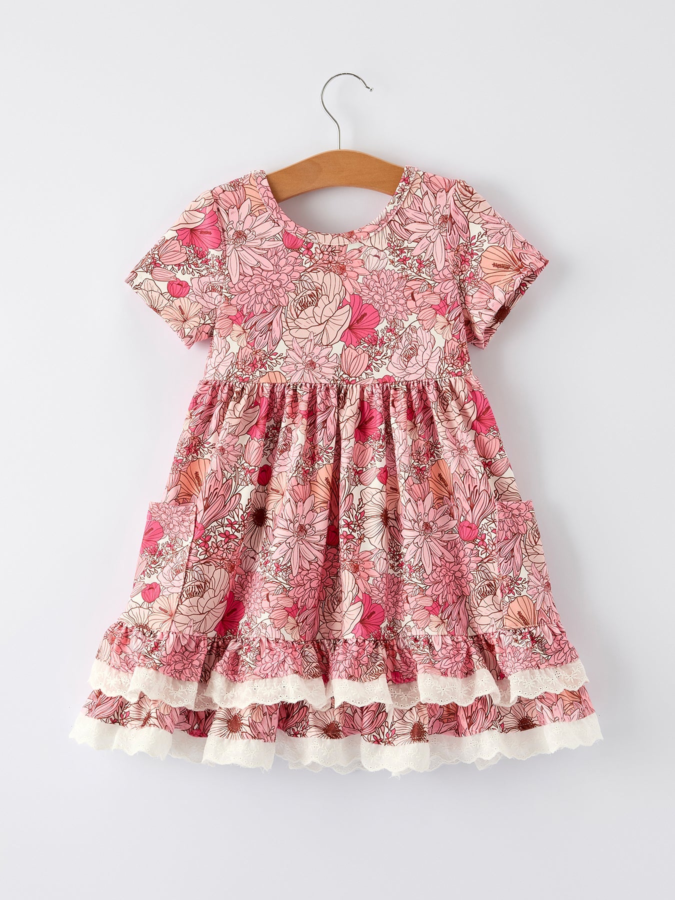 Sira Sweet Floral Pattern Dress with Pockets and Ruffle Hem for Girls