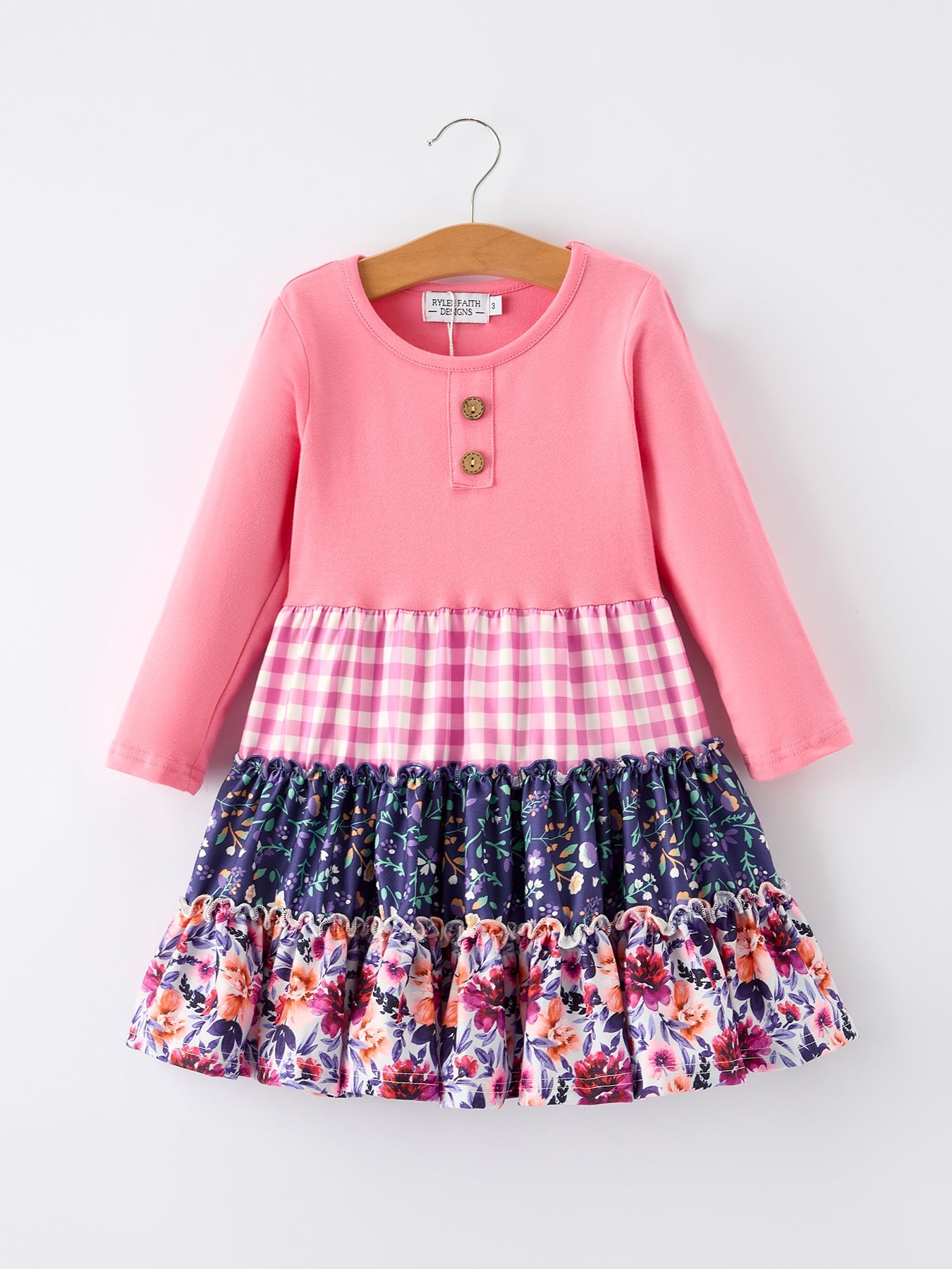 Persia Pink Autumn Patchwork Floral & Plaid Long Sleeve Girls Dress