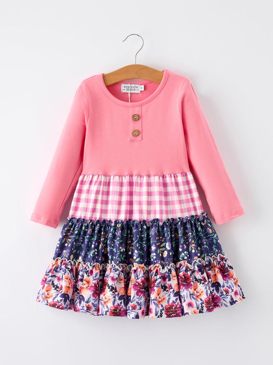 Persia Pink Autumn Patchwork Floral & Plaid Long Sleeve Girls Dress