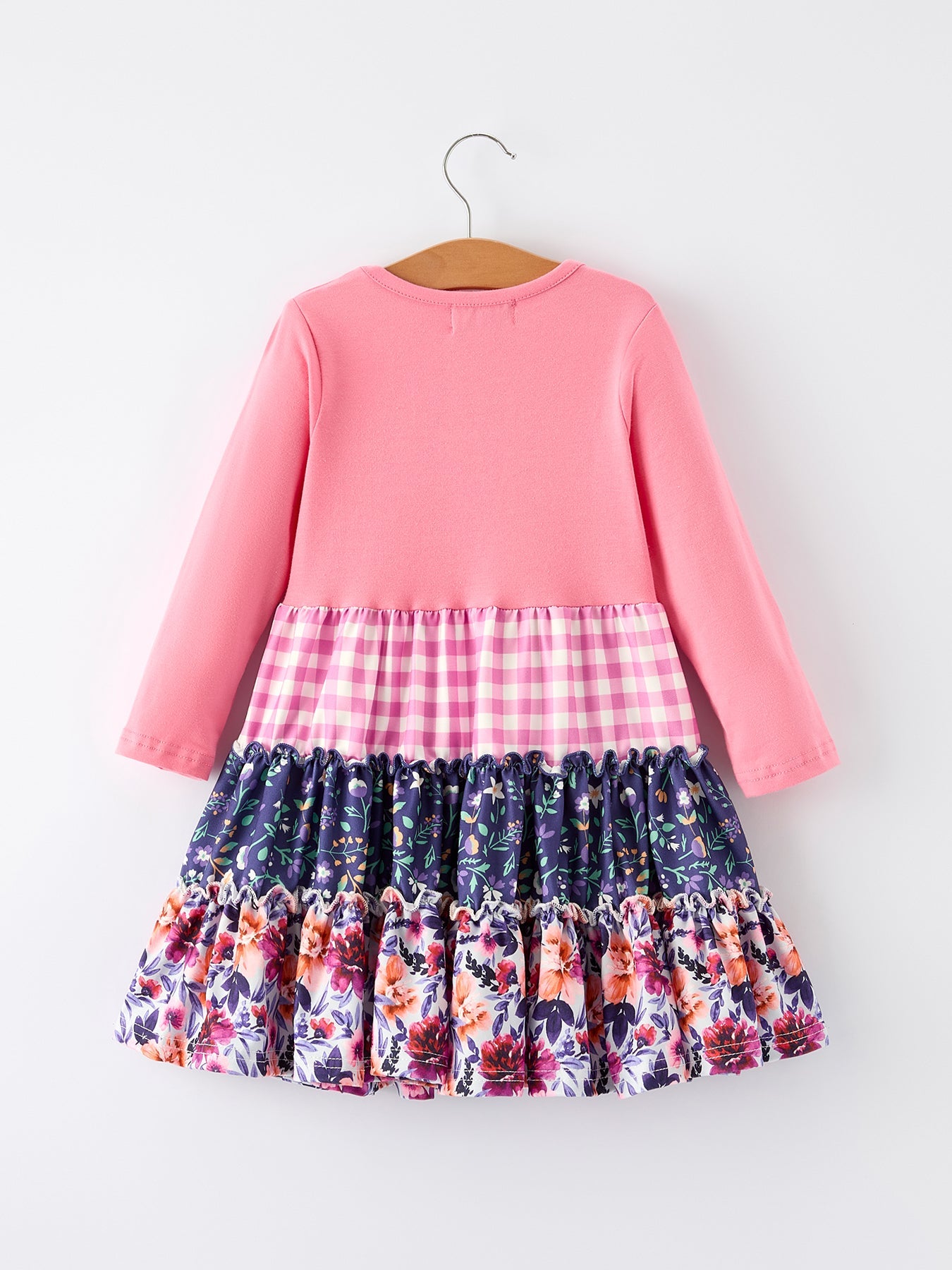 Persia Pink Autumn Patchwork Floral & Plaid Long Sleeve Girls Dress