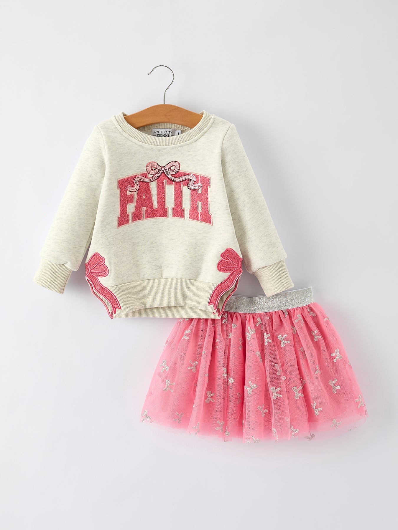 Bermudes Girls Fall Outfit – FAITH Letter Sweatshirt and Pink Tulle Skirt Set