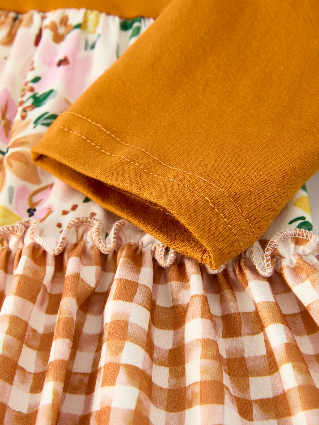 Autumn Patchwork Floral &amp; Plaid Long Sleeve Girls Dress