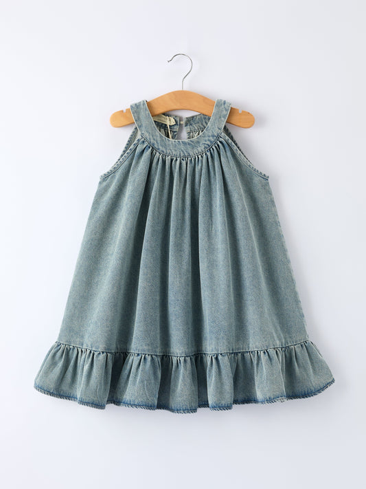 Massiel Girls Denim Ruffle Trim A-Line Dress
