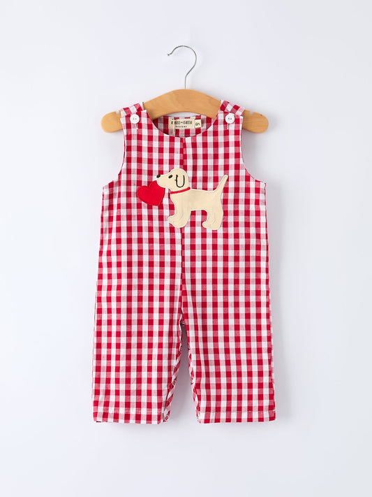 Valentine Red Plaid Boys Romper with Applique Heart Dog Detail